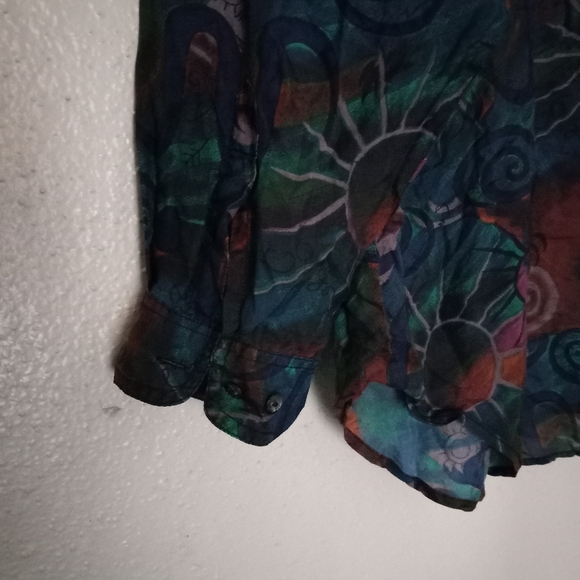 Punch Vintage L Silk Button Down Volcano Sun Pattern Top Blouse Turquoise Tan - Picture 8 of 16